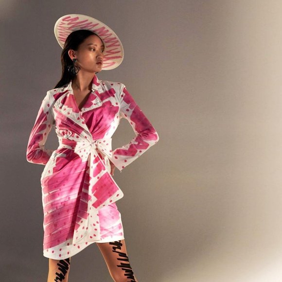 MOSCHINO Brushstroke Scribble Sketches Pink Trench Coat Dress Poplin 2019 BARBIE - Picture 5 of 17